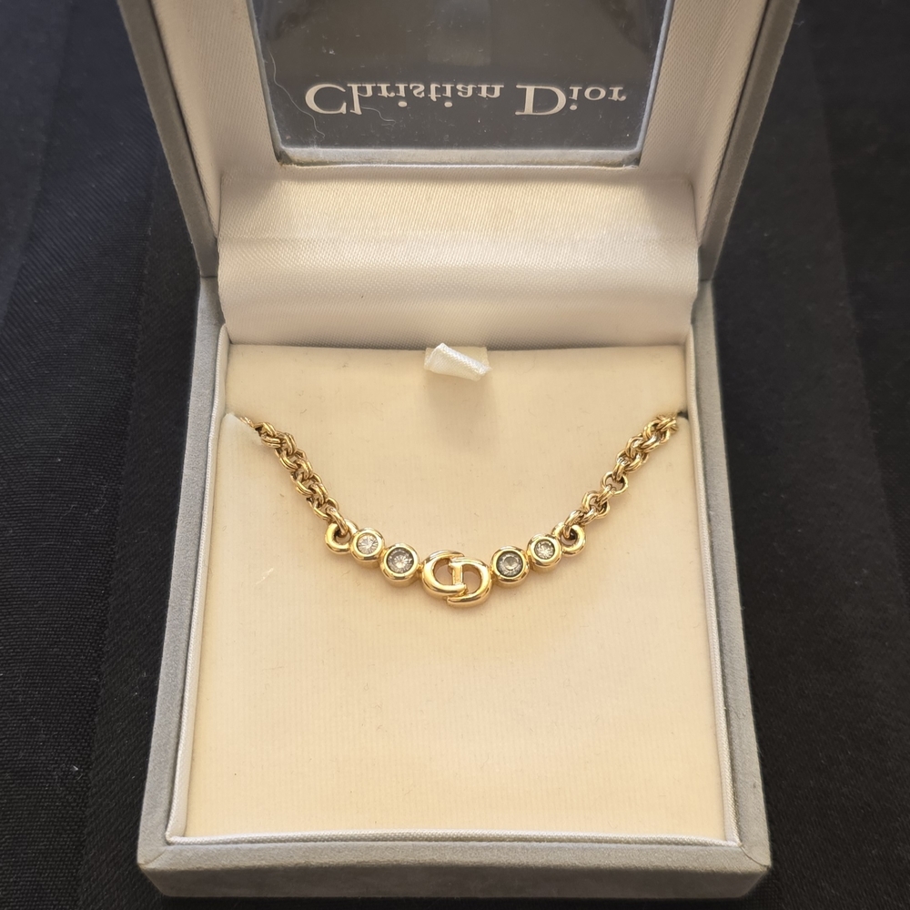 Christian Dior Gold CD Logo Crystal Necklace | Authentic | With Box